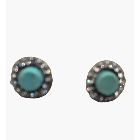 Turquoise Rhinestone Pierced Earrings  Round Stud Faux Stone - Picture 3 of 4